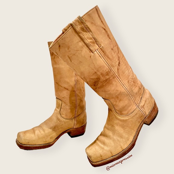 Frye Shoes - Frye BLACK LABEL VINTAGE Yellow Tan Marbled Leather Square Toe Tall Western Boot